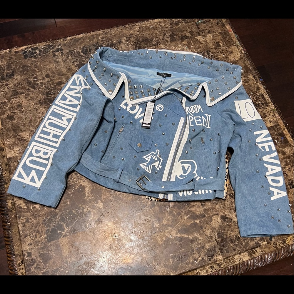For Her NYC Belted Off-shoulder Studded Denim/Leopard Print Jacket Size 2X - Picture 10 of 15